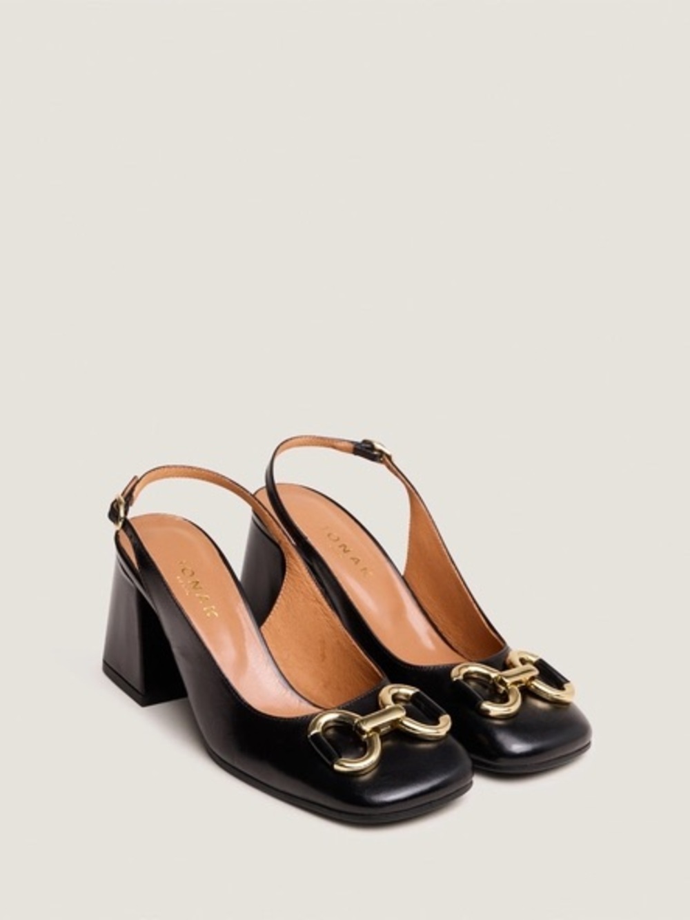 Jonak Paris Black Leather Slingback Heels Gold Horsebit Square Toe EU 37